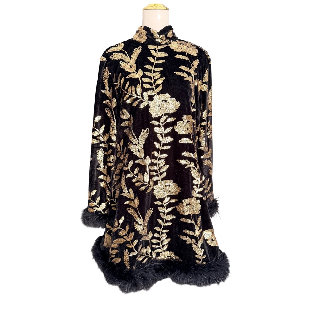 Ivy City Co Zarah Dress XL Black Velvet Gold Sequin Feather Cocktail NWT